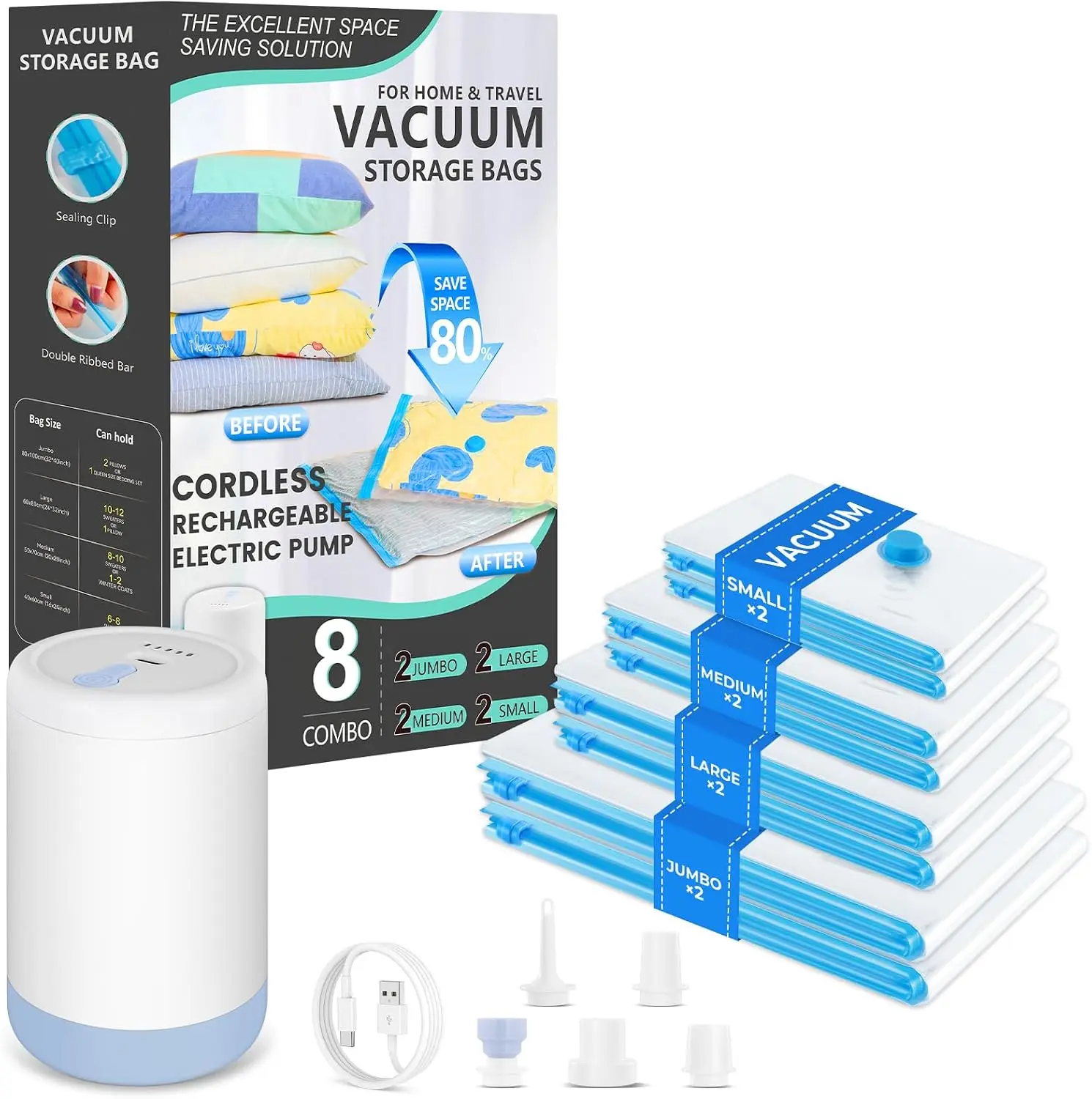 Travel Vacuum Bags with Electric Pump, 8 Pack Space Saver Compression Bags for Luggage, Clothes Storage
Travel Vacuum Bags with Electric Pump, 8 Pack Space Saver Compression Bags for Luggage, Clothes Storage