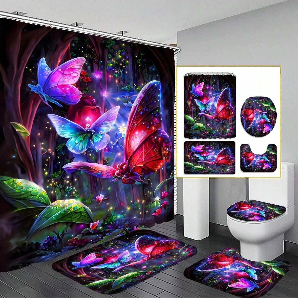 4pcs Butterfly Pattern Bathroom Set, modern Waterproof Fabric Shower Curtain With 12 Hooks, Non-Slip Bathroom Mat
4pcs Butterfly Pattern Bathroom Set, modern Waterproof Fabric Shower Curtain With 12 Hooks, Non-Slip Bathroom Mat