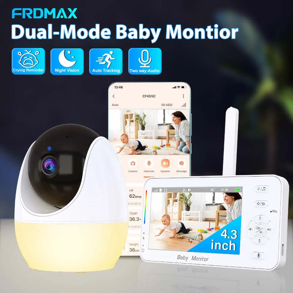 4.3 Inch Video Baby Monitor Indoor Mini PTZ Camera Soft Night Light Two Way Audio APP Remote View Nanny Baby Video Surveillance