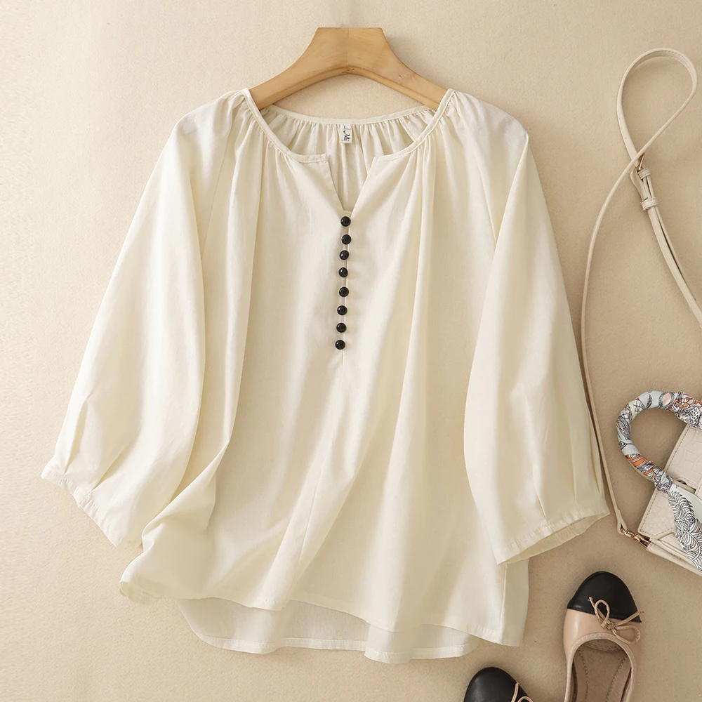 Women's V-neck Loose Cotton Shirt Summer Seven-eighth Sleeve Lazy Style Versatile Commute Top Breathable Comfortable Pure Cotton
Women's V-neck Loose Cotton Shirt Summer Seven-eighth Sleeve Lazy Style Versatile Commute Top Breathable Comfortable Pure Cotton