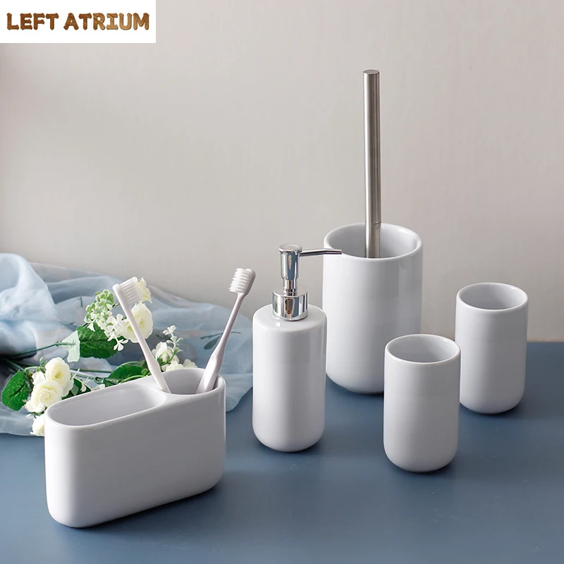White Ceramic Bathroom Toiletries Lotion Bottle Mouth Cup Toothbrush Holder Toilet Brush Wash 5-piece Set Bathroom Accessories
White Ceramic Bathroom Toiletries Lotion Bottle Mouth Cup Toothbrush Holder Toilet Brush Wash 5-piece Set Bathroom Accessories