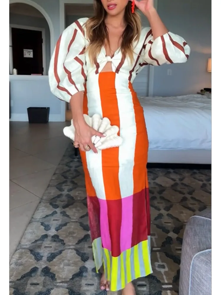 Women Hollow Holiday Dresses Autumn Patchwork V Neck Female Half Sleeve Maxi Dress Casual Streetwear Print Party Club Vestidos 
Women Hollow Holiday Dresses Autumn Patchwork V Neck Female Half Sleeve Maxi Dress Casual Streetwear Print Party Club Vestidos