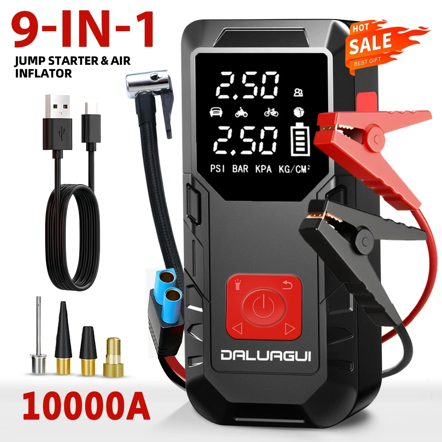 Portable 9-in-1 Car Jump Starter with Air Pump &, - Power, Compatible for /Diesel Engines, Tire Inflation Suitable for Tires, Sw
Portable 9-in-1 Car Jump Starter with Air Pump &, - Power, Compatible for /Diesel Engines, Tire Inflation Suitable for Tires, Sw
