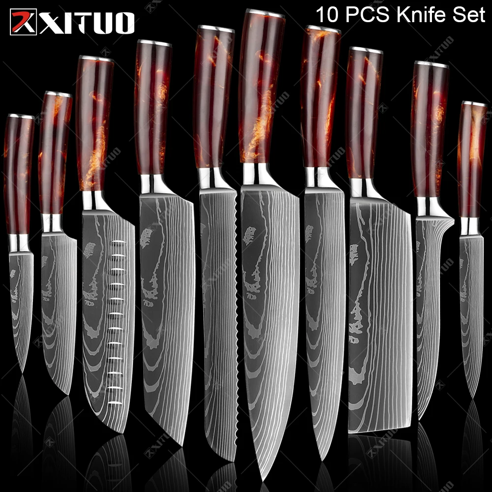 XITUO Kitchen Knife Set Razor Sharp 4CR13 Stainless Steel Laser Pattern Chef's Knife Santoku Knife Red Resin Handle Cutting Tool
XITUO Kitchen Knife Set Razor Sharp 4CR13 Stainless Steel Laser Pattern Chef's Knife Santoku Knife Red Resin Handle Cutting Tool