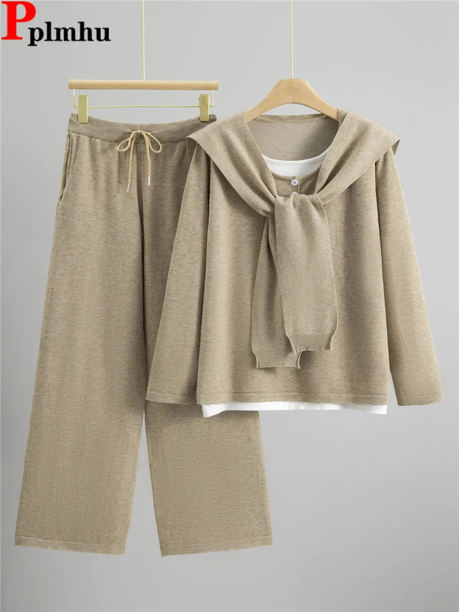 Women Casual Knitted 2 Piece Sets Korean Knitwear Sweater Pullover Tops+shawl Conjuntos Elastic High Waist Straight Pants Outfit
Women Casual Knitted 2 Piece Sets Korean Knitwear Sweater Pullover Tops+shawl Conjuntos Elastic High Waist Straight Pants Outfit