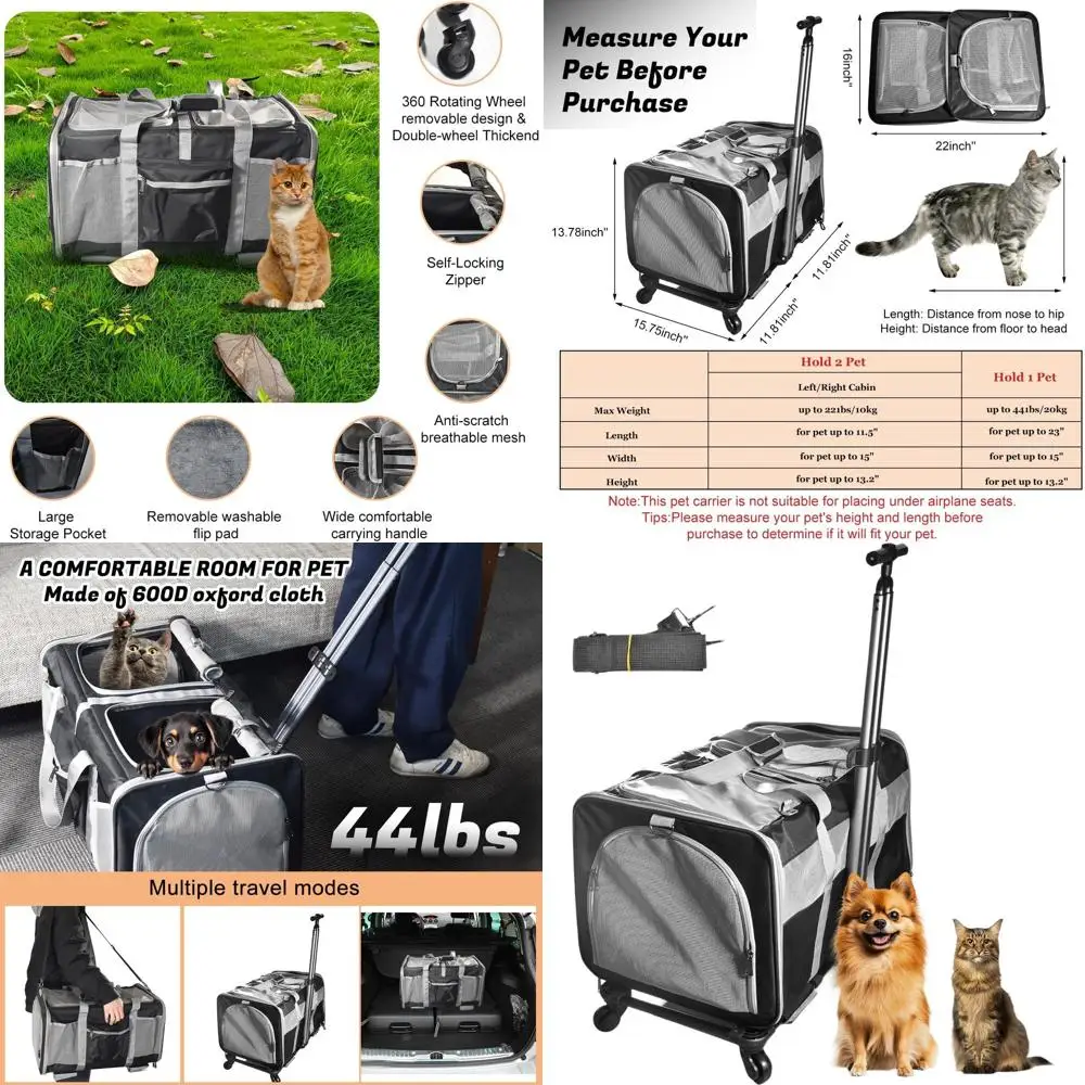 Dual Cat Carrier with Wheels for Pets up to 44lbs, 23.7 x 15.8 x 13.8 Rolling Travel Carrier with Removable Platform
Dual Cat Carrier with Wheels for Pets up to 44lbs, 23.7 x 15.8 x 13.8 Rolling Travel Carrier with Removable Platform