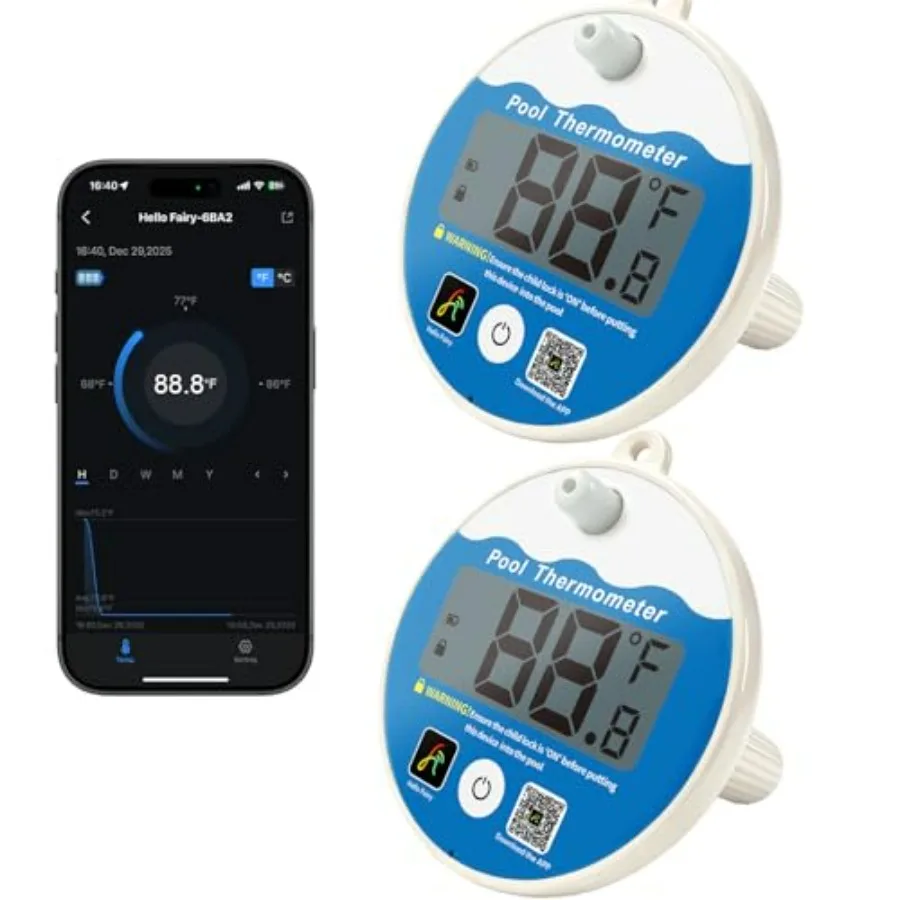 Pool thermometer for spa/jacuzzi/pond use, ABS plastic, white, Bluetooth 99ft range, IPX8 waterproof, no WiFi needed, 2-pack
Pool thermometer for spa/jacuzzi/pond use, ABS plastic, white, Bluetooth 99ft range, IPX8 waterproof, no WiFi needed, 2-pack
