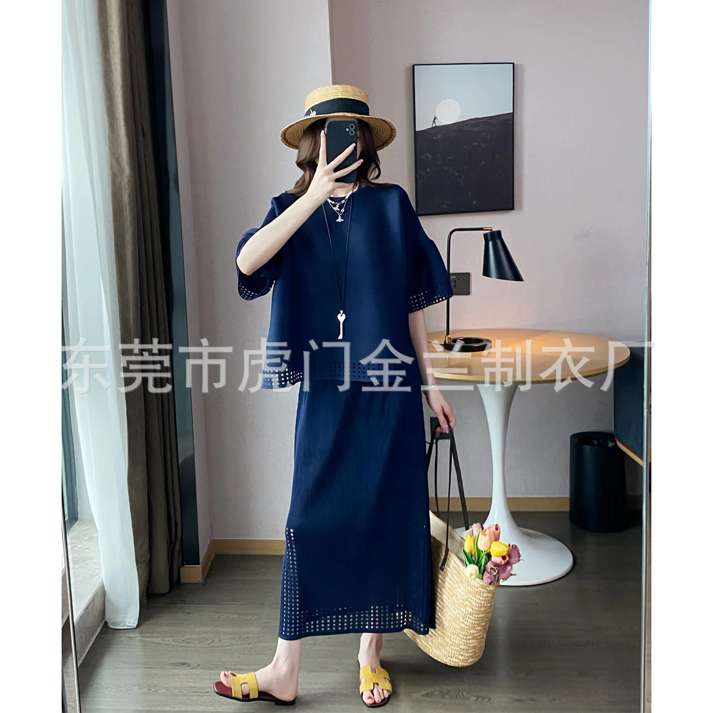 Miyake Pleated Navy Blue Eyelet Detail Two Piece Co-ord Set Flare Sleeve Top Maxi Skirt Women's Matching Sets Casual Vacation
Miyake Pleated Navy Blue Eyelet Detail Two Piece Co-ord Set Flare Sleeve Top Maxi Skirt Women's Matching Sets Casual Vacation
