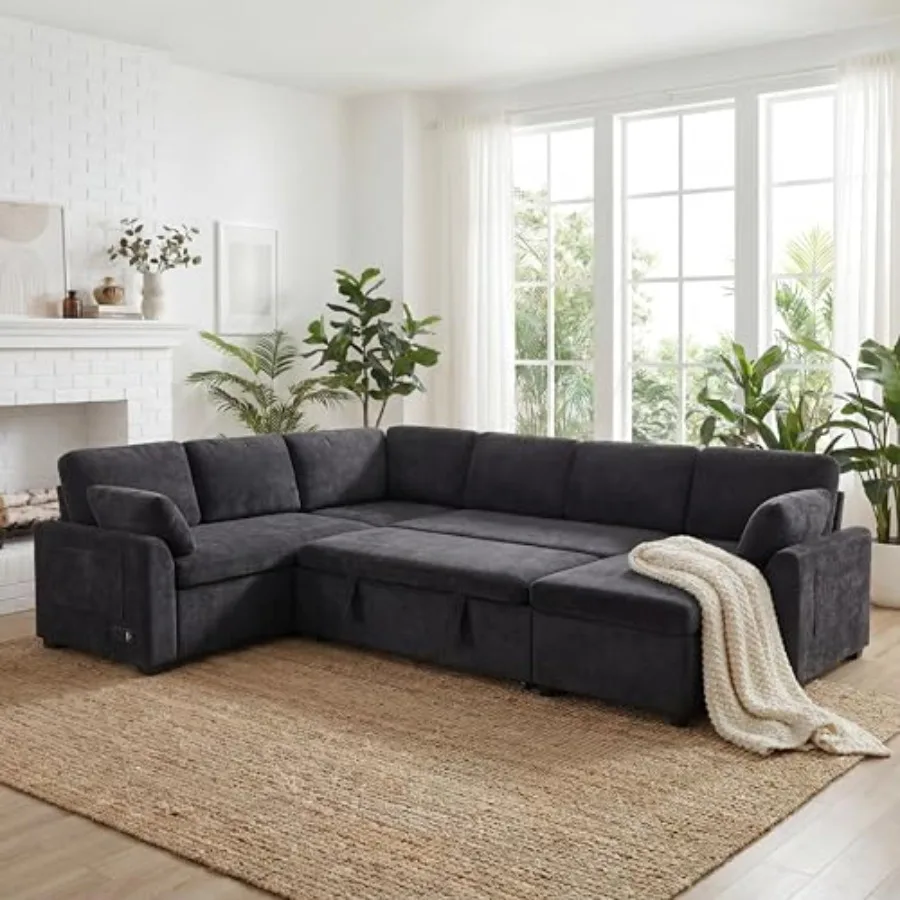 111" U-Shaped Convertible Sectional Sofa Bed with Storage Pockets and USB Ports, Modern Chenille Fabric Reversible Chaise Loung
111" U-Shaped Convertible Sectional Sofa Bed with Storage Pockets and USB Ports, Modern Chenille Fabric Reversible Chaise Loung