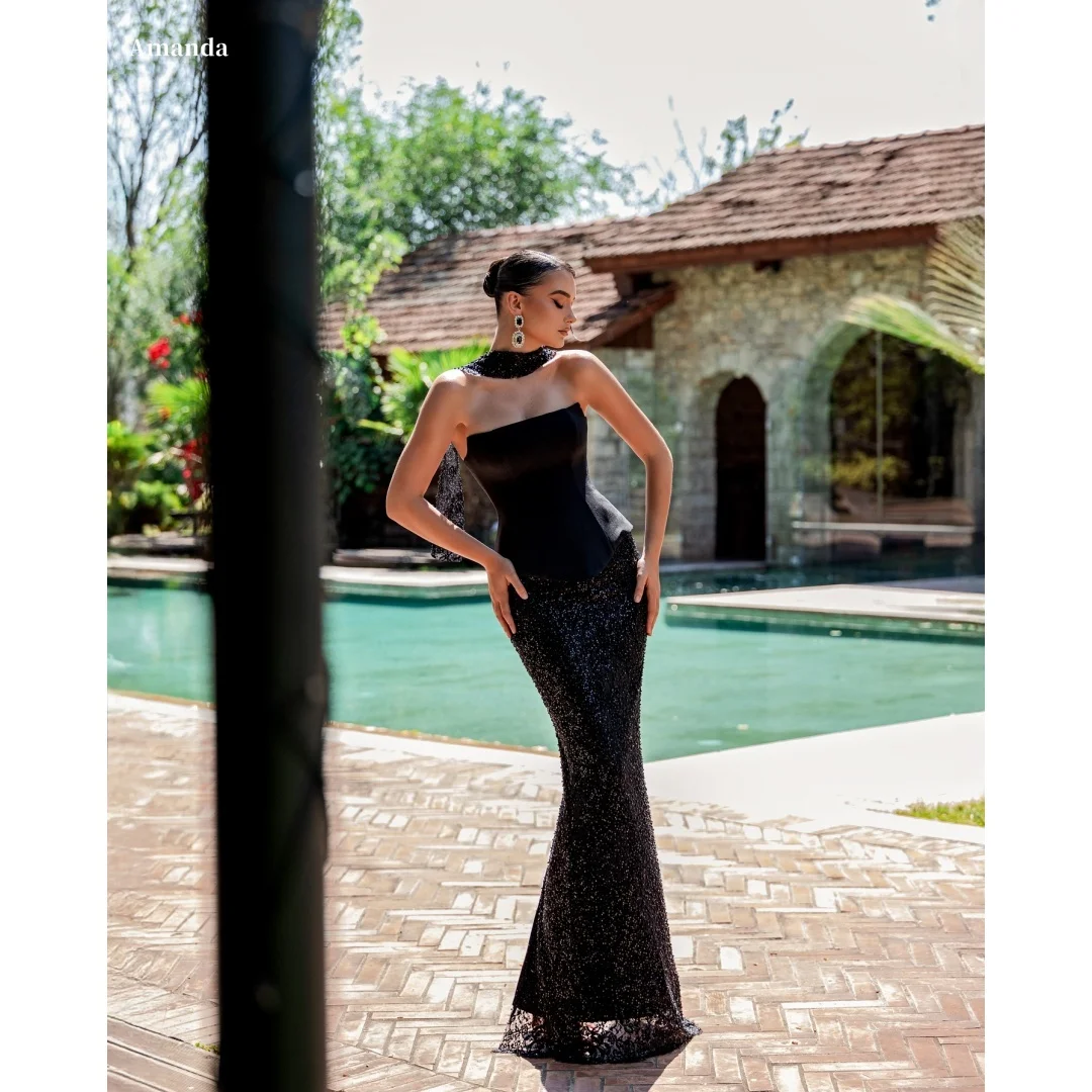 Amanda Customized Black Beaded Mermaid Prom Dress Long Silk Scarves vestidos de noche Strapless Backless Formal Evening 2025
Amanda Customized Black Beaded Mermaid Prom Dress Long Silk Scarves vestidos de noche Strapless Backless Formal Evening 2025