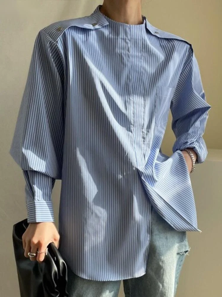 Korean Chic Metal Buttons Patchwork Striped Shirt For Women Casual Lantern Sleeve Blouses Female 2023 Autumn New Trend X187
Korean Chic Metal Buttons Patchwork Striped Shirt For Women Casual Lantern Sleeve Blouses Female 2023 Autumn New Trend X187