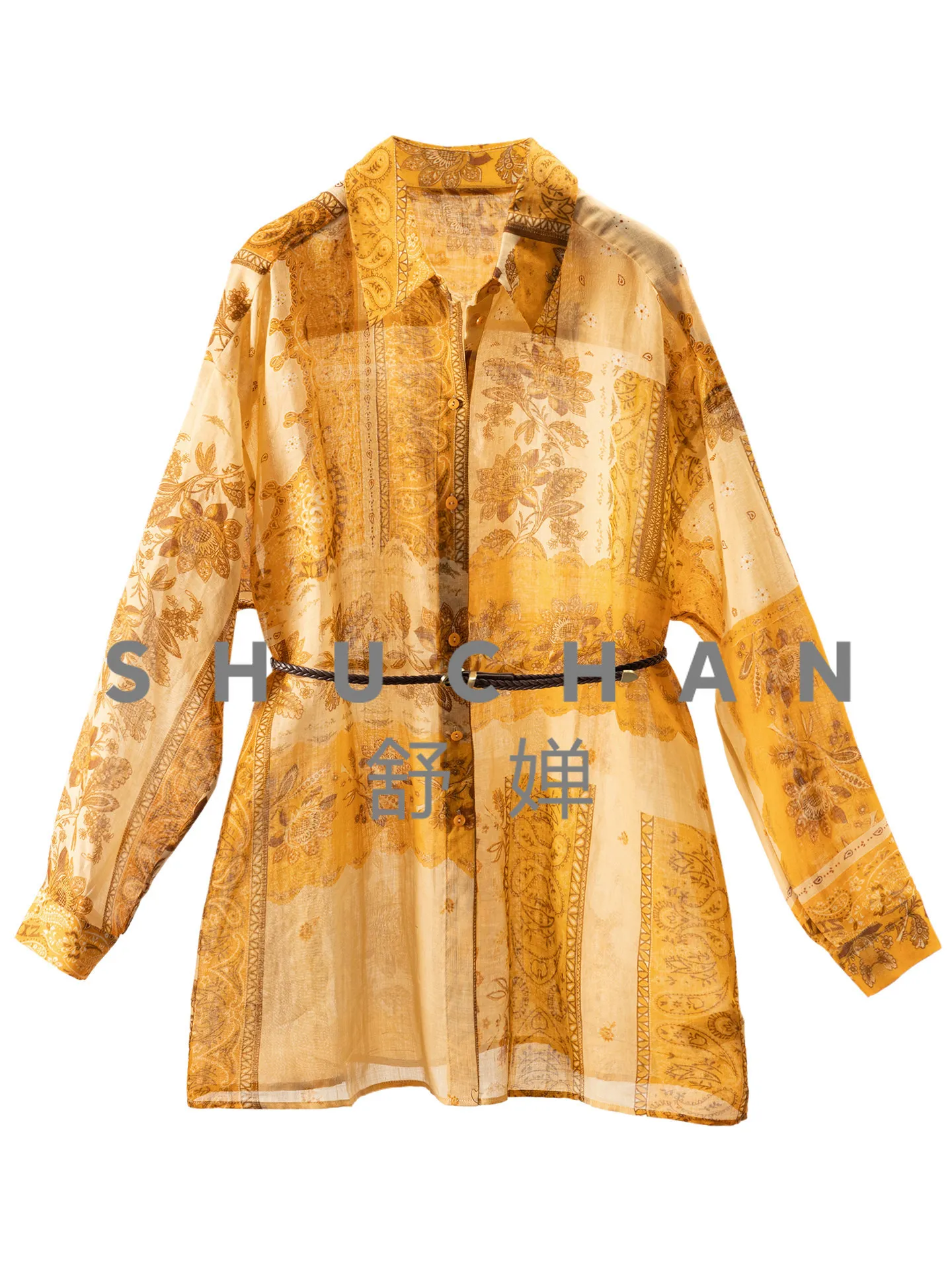 Bohemian Shirt French European Standard Ramie Printing with Belt Waist Long-sleeved Shirt Women 04L7
Bohemian Shirt French European Standard Ramie Printing with Belt Waist Long-sleeved Shirt Women 04L7