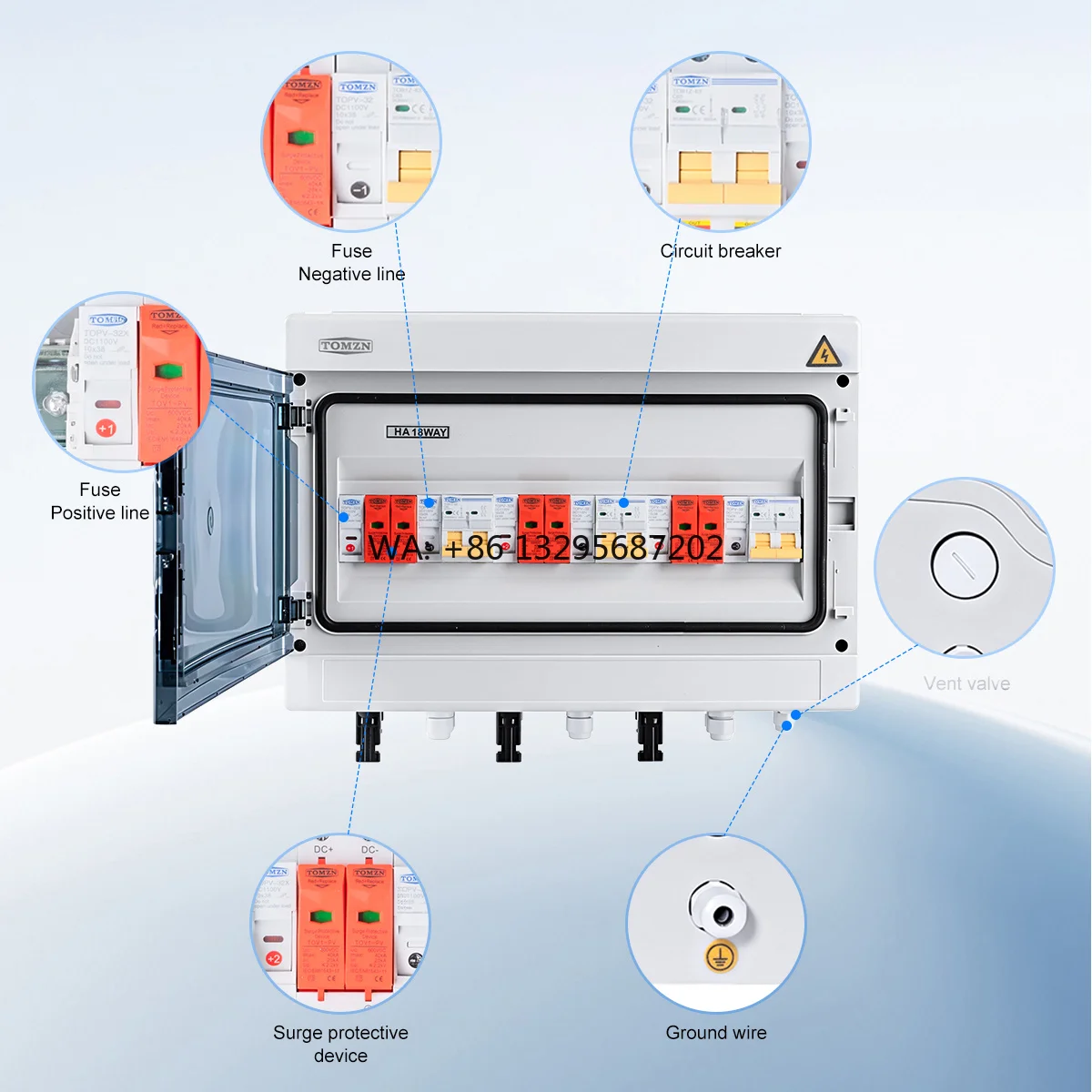 18 Ways 3 input 3 output PV Photovoltaic Combination Box IP65 Fuse SPD Isolating switch 600V ABS 16A 20A 25A 32A 50A 63A
18 Ways 3 input 3 output PV Photovoltaic Combination Box IP65 Fuse SPD Isolating switch 600V ABS 16A 20A 25A 32A 50A 63A