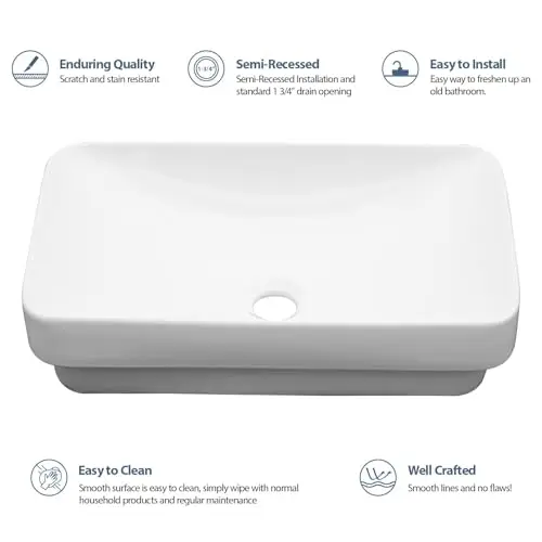 Modern White Ceramic Rectangular Semi-Recessed Vessel Sink 19x12 Inch For Bathroom Vanity Installation
Modern White Ceramic Rectangular Semi-Recessed Vessel Sink 19x12 Inch For Bathroom Vanity Installation
