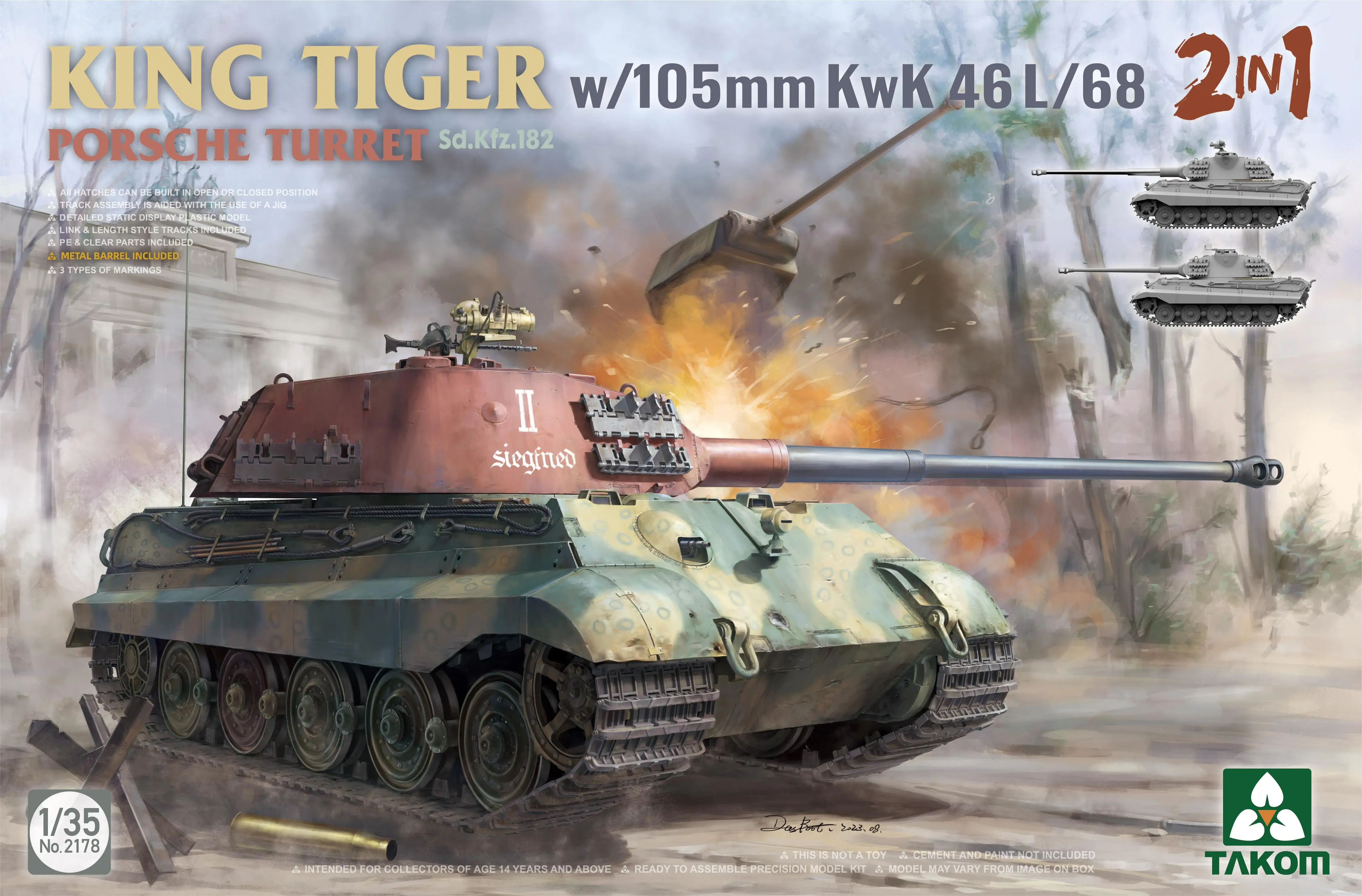 Takom масштаб 2178 1/35 King Tiger Sd.Kfz.182w/105 мм KwK46L/68 башня 2 в 1 набор моделей
Takom масштаб 2178 1/35 King Tiger Sd.Kfz.182w/105 мм KwK46L/68 башня 2 в 1 набор моделей