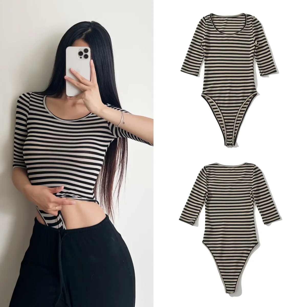 Полосатые комбинезоны в корейском стиле. Облегающее боди со средними рукавами для женщин. Чистые и чувственные тонкие комбинезоны с круглым вырезом. Топ.
Полосатые комбинезоны в корейском стиле. Облегающее боди со средними рукавами для женщин. Чистые и чувственные тонкие комбинезоны с круглым вырезом. Топ.