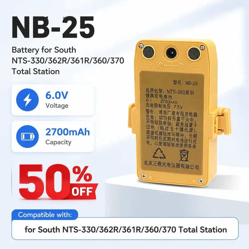 6.0V 2700mAh NB-25 Battery for South NTS-330/362R/361R/360/370 Total Station
6.0V 2700mAh NB-25 Battery for South NTS-330/362R/361R/360/370 Total Station
