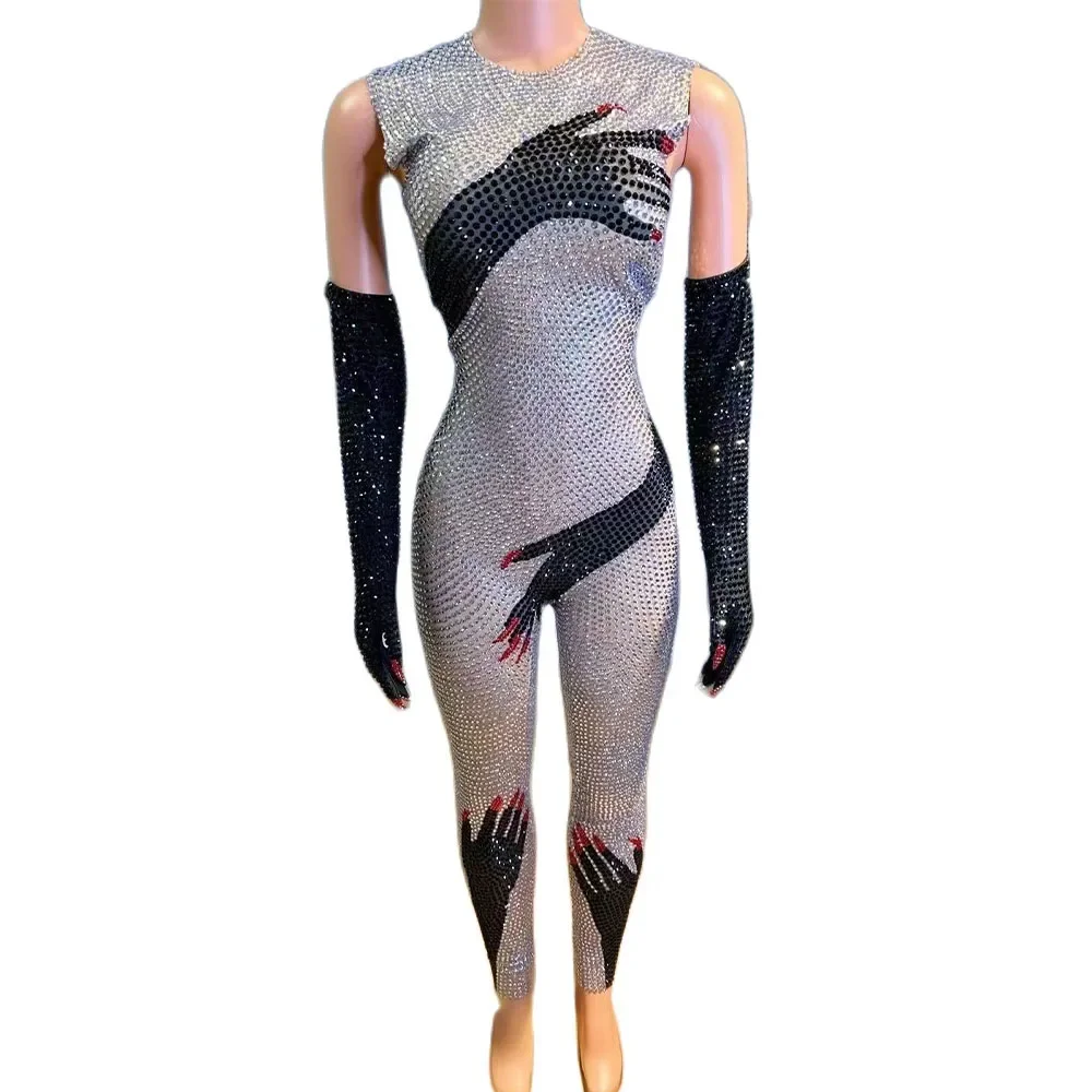 Sexy Stage Sparkly Silver Black Rhinestones Sexy Hand Pattern Jumpsuit Birthday Celebrate Outfit Women Dance Performance Costume
Sexy Stage Sparkly Silver Black Rhinestones Sexy Hand Pattern Jumpsuit Birthday Celebrate Outfit Women Dance Performance Costume