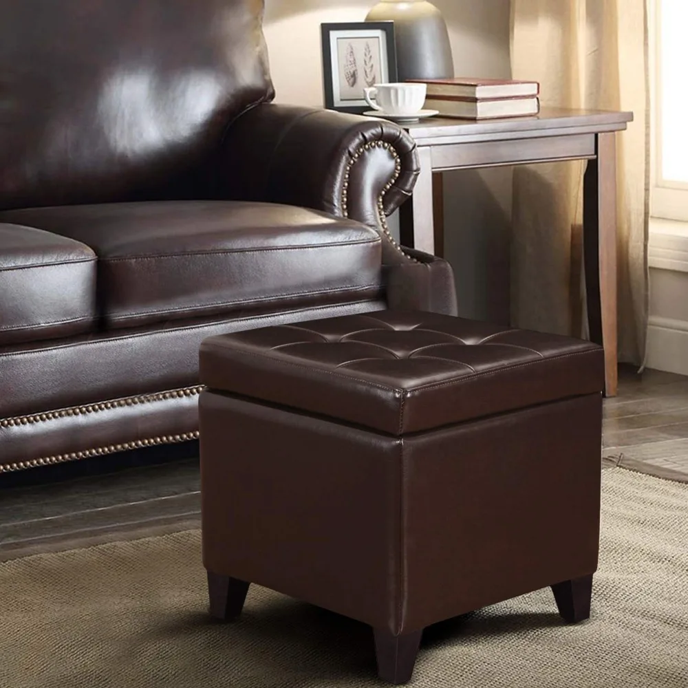 Tufted Leather Square Storage Ottoman, Lift Top Cube Footstool with Hinged Lid Footrest with Wood Legs (Brown), Customized
Tufted Leather Square Storage Ottoman, Lift Top Cube Footstool with Hinged Lid Footrest with Wood Legs (Brown), Customized