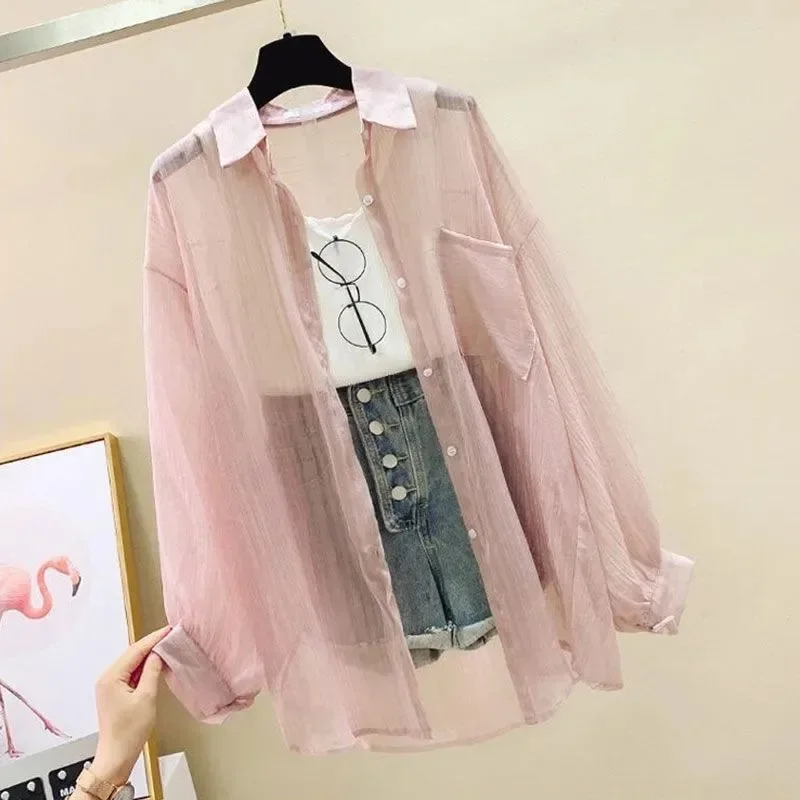 Summer Sunscreen Shirt Elegant Perspective Thin Chiffon Blouse Korean Harajuku See Through Loose Tops Y2k Casual Women's Blusas
Summer Sunscreen Shirt Elegant Perspective Thin Chiffon Blouse Korean Harajuku See Through Loose Tops Y2k Casual Women's Blusas