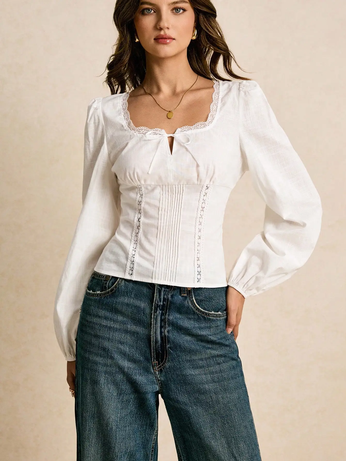 Women's White Lace Bow Pleated Blouse With Puff Sleeve
Women's White Lace Bow Pleated Blouse With Puff Sleeve