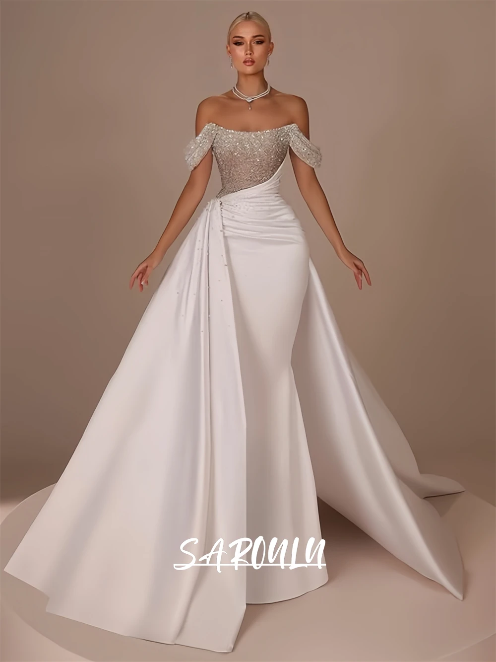 Shiny Beading Bride Dress, Two-Piece Sheath Long Satin Wedding Dresses, Off the Shoulder Sleeves, Detachaable Train, Customized
Shiny Beading Bride Dress, Two-Piece Sheath Long Satin Wedding Dresses, Off the Shoulder Sleeves, Detachaable Train, Customized