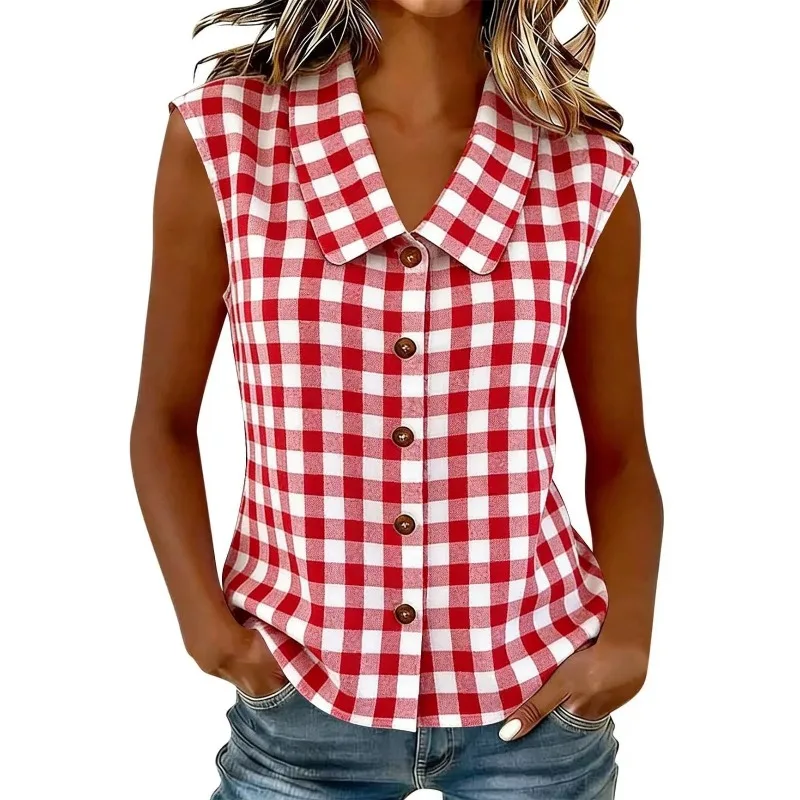 Women's T-shirt Spring and Summer New Fashionable Sleeveless Button Grid Shirt T-shirt
Women's T-shirt Spring and Summer New Fashionable Sleeveless Button Grid Shirt T-shirt