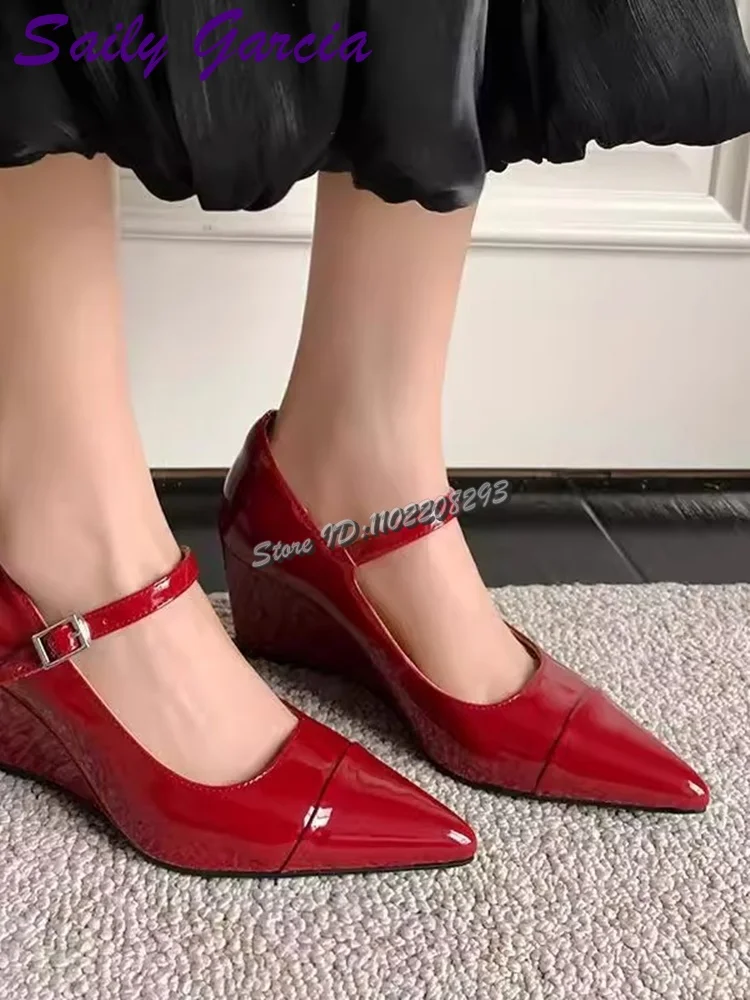 Sexy Red Pointed Toe Pumps Patent Leather Buckle Strap Wedge Heel Mary Jane 2025 Summer Women Fashion High Heels Shoes French
Sexy Red Pointed Toe Pumps Patent Leather Buckle Strap Wedge Heel Mary Jane 2025 Summer Women Fashion High Heels Shoes French