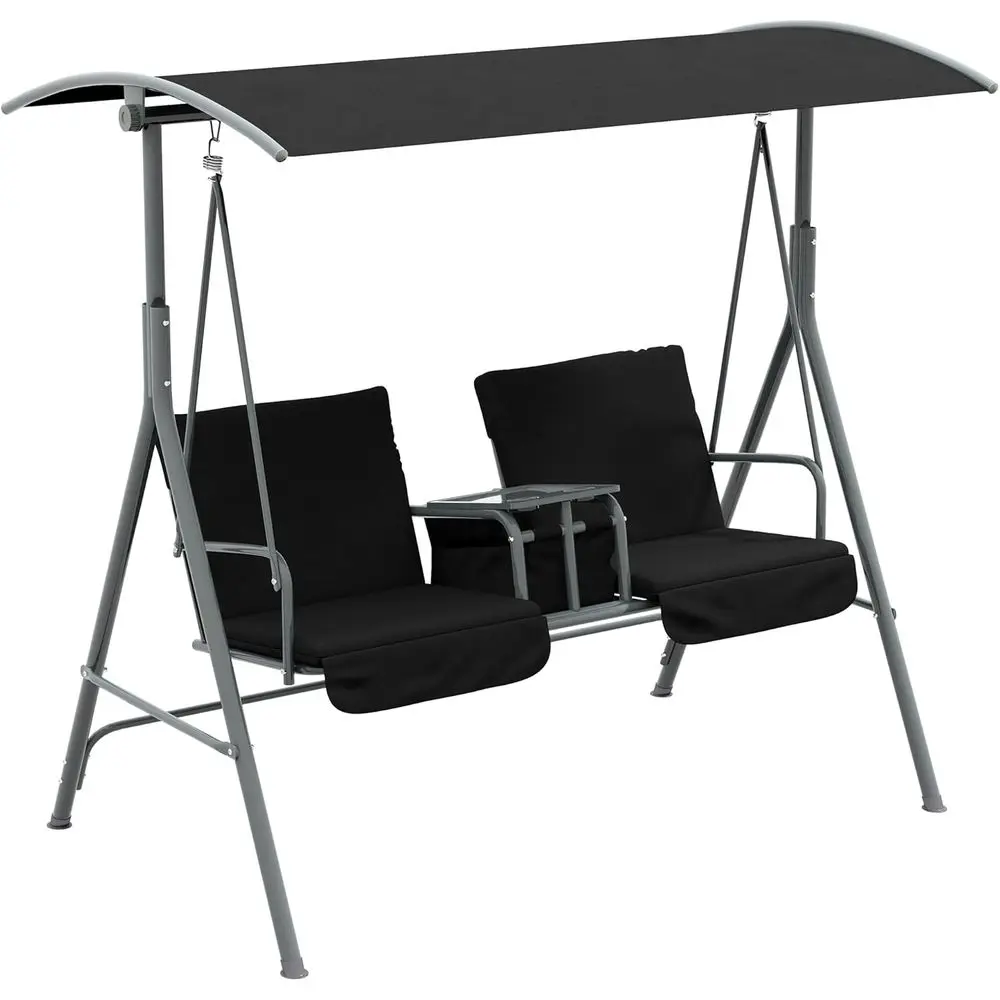 Black 2-Person Outdoor Porch Swing with Stand, Pivot Table, Cup Holders, and Cushions
Black 2-Person Outdoor Porch Swing with Stand, Pivot Table, Cup Holders, and Cushions