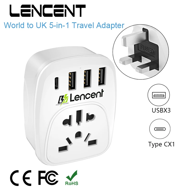 LENCENT World to UK Travel Adapter with 1 AC Outlet 3 USB 1 Type C Port Power Adapter Overload Protection 5-in-1 Wall Socket
LENCENT World to UK Travel Adapter with 1 AC Outlet 3 USB 1 Type C Port Power Adapter Overload Protection 5-in-1 Wall Socket