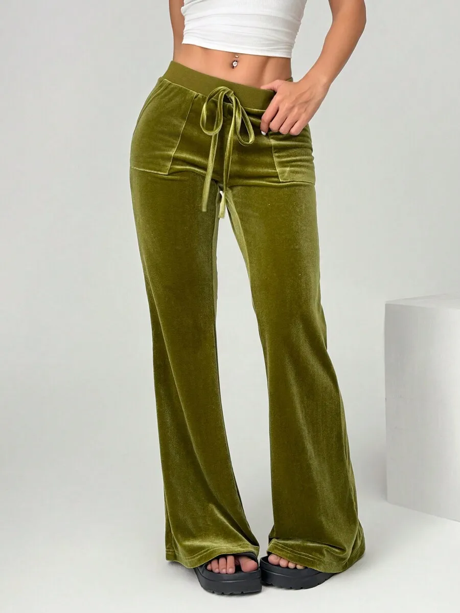 Women's Olive Green Velvet Flare Pants with Drawstring Waist
Women's Olive Green Velvet Flare Pants with Drawstring Waist