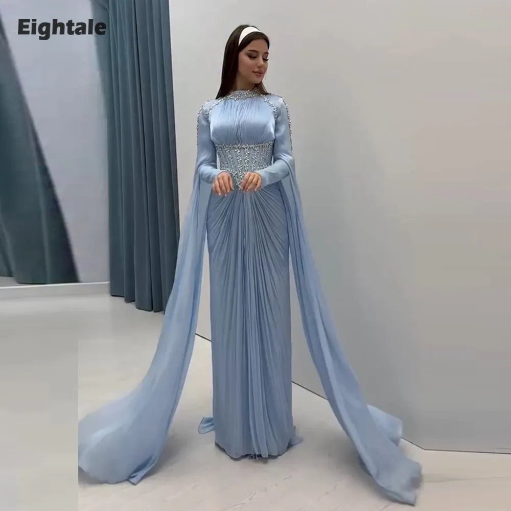 Eightale Arabic Evening Dress High Neck Crepe Customized Muslim Light Blue Beaded Rhinestones Prom Wedding Party Gown
Eightale Arabic Evening Dress High Neck Crepe Customized Muslim Light Blue Beaded Rhinestones Prom Wedding Party Gown