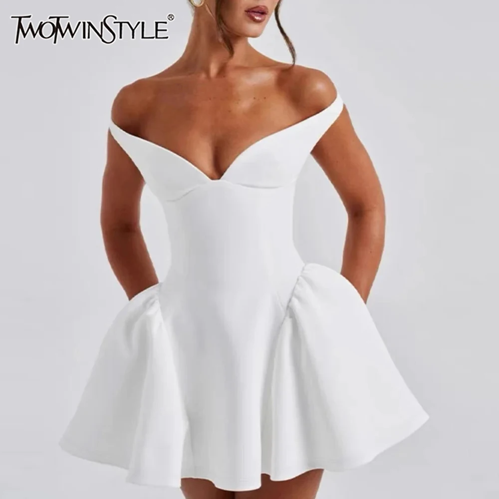 TWOTWINSTYLE Solid Slimming Mini Dresses for Women Deep V Neck Shoulder Jamming Sleeveless High Waist Dress Female
TWOTWINSTYLE Solid Slimming Mini Dresses for Women Deep V Neck Shoulder Jamming Sleeveless High Waist Dress Female