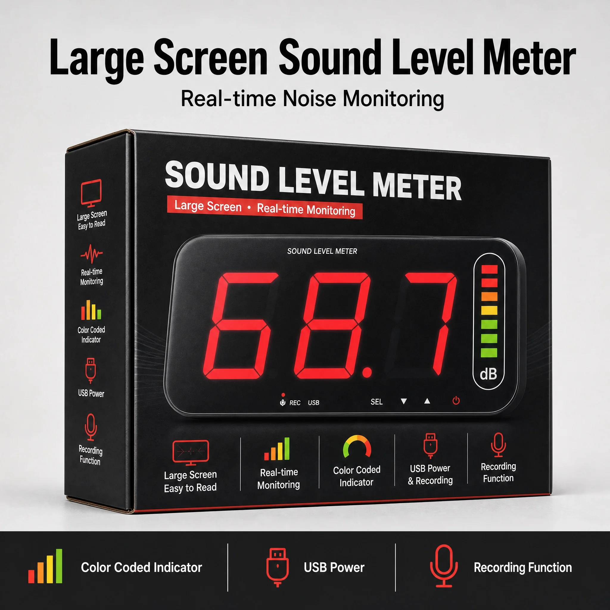 Wall-mounted Digital Decibel Meter, LED Display Noise Tester with Sound-light Alarm for Factory and Indoor Monitoring
Wall-mounted Digital Decibel Meter, LED Display Noise Tester with Sound-light Alarm for Factory and Indoor Monitoring