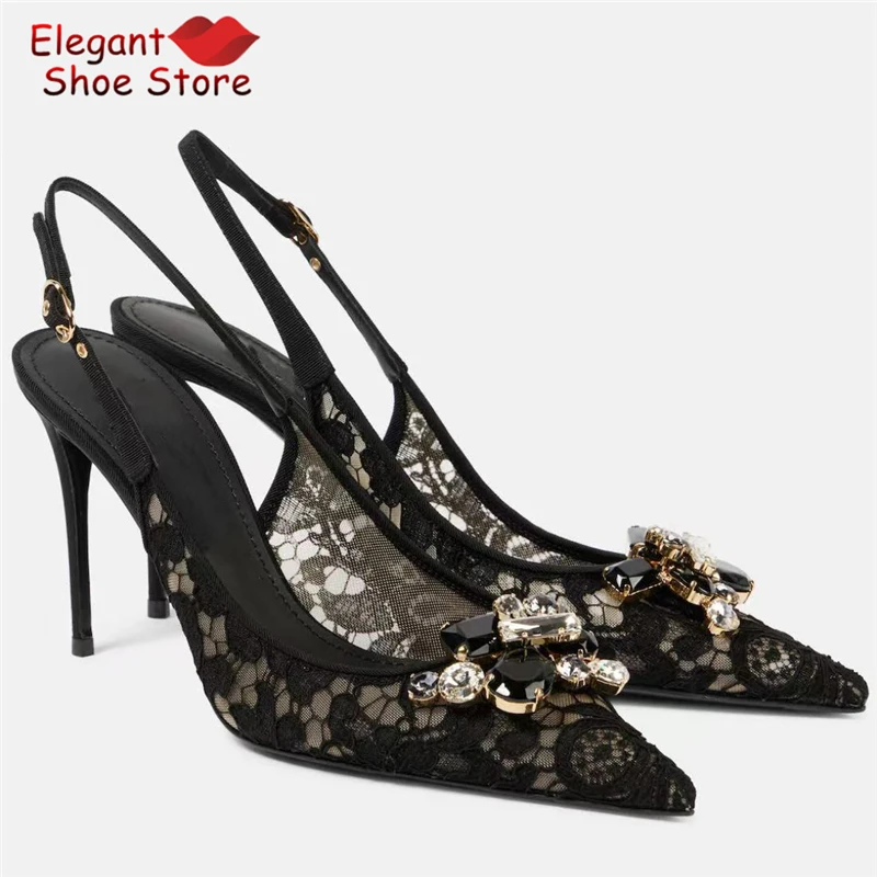 Summer New Black Lace Mesh Women Sandals Rhinestone Pointy Toe Back Strap High Heels Fashion Versatile Party Wedding Dress Shoes
Summer New Black Lace Mesh Women Sandals Rhinestone Pointy Toe Back Strap High Heels Fashion Versatile Party Wedding Dress Shoes