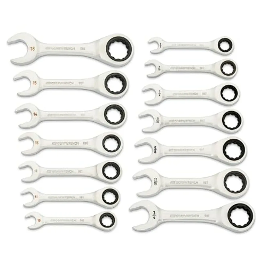 90-Tooth 12 Point Stubby Combination Ratcheting Wrench Set, SAE and Metric 3/8" to 3/4" and 10mm to 18mm 86859
90-Tooth 12 Point Stubby Combination Ratcheting Wrench Set, SAE and Metric 3/8" to 3/4" and 10mm to 18mm 86859