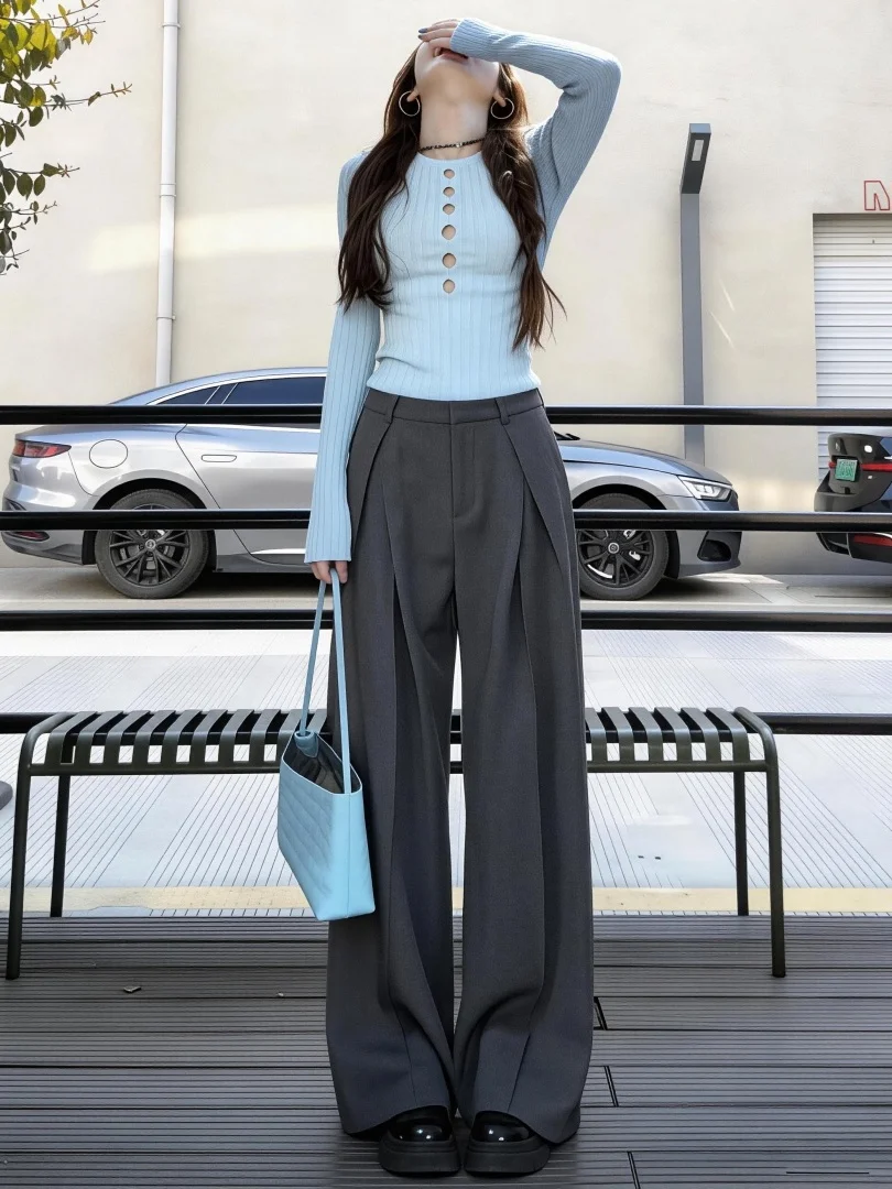 Gray Pleated Wide Leg Pants Women's Korean Style Casual Trousers High Waist Drapey Loose Slimming Summer Suiting Skinnies
Gray Pleated Wide Leg Pants Women's Korean Style Casual Trousers High Waist Drapey Loose Slimming Summer Suiting Skinnies
