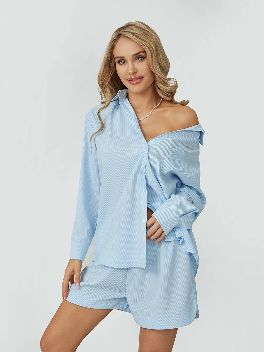 Womens Striped 2 Piece Outfits Long Sleeve Button Down Shirts Boxer Shorts Set Loungewear Tracksuit
Womens Striped 2 Piece Outfits Long Sleeve Button Down Shirts Boxer Shorts Set Loungewear Tracksuit