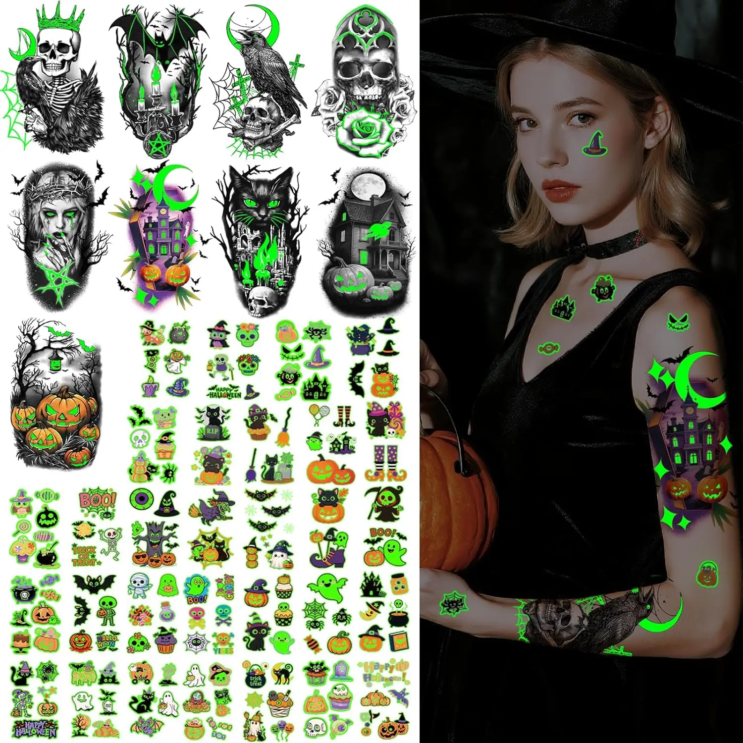 39 Sheets Halloween Glow Up Temporary Tattoos Women Men Skeleton Death Black Hats Brooms Cauldrons
39 Sheets Halloween Glow Up Temporary Tattoos Women Men Skeleton Death Black Hats Brooms Cauldrons