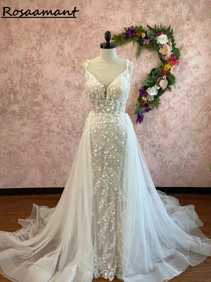 Gorgeous Spaghetti Straps Mermaid Wedding Dresses Detachable Train 3D Floral Lace Country Bridal Gowns 
Gorgeous Spaghetti Straps Mermaid Wedding Dresses Detachable Train 3D Floral Lace Country Bridal Gowns