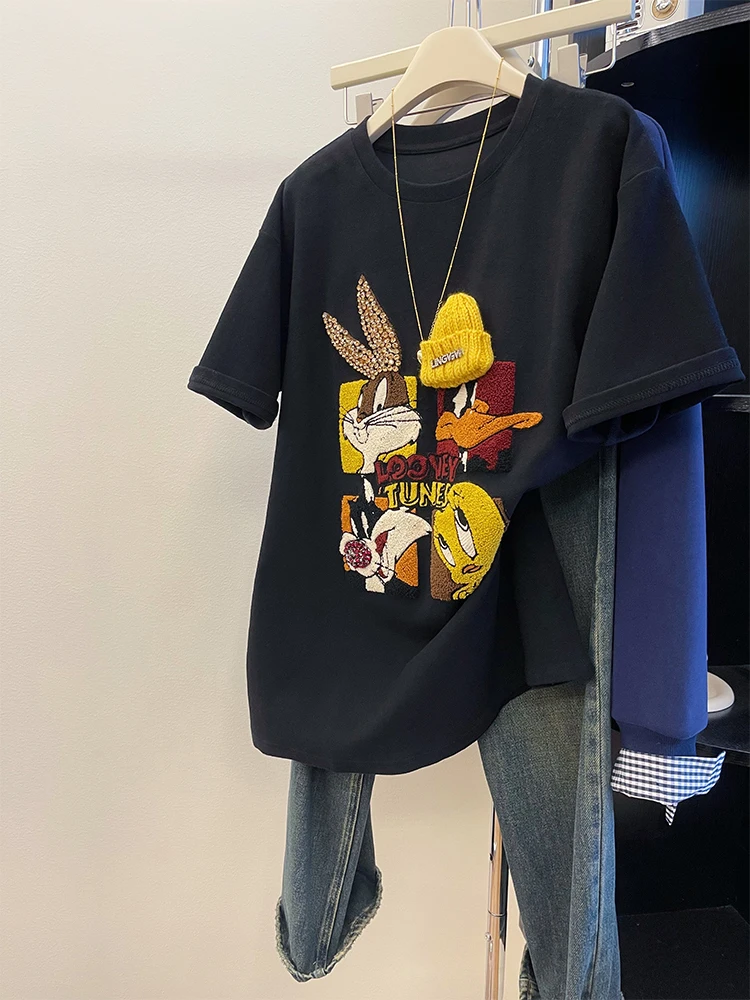 Черная женская футболка с тяжелой вышивкой, свободного кроя, летняя, повседневная, с креативным узором, круглым вырезом, средней длины
Черная женская футболка с тяжелой вышивкой, свободного кроя, летняя, повседневная, с креативным узором, круглым вырезом, средней длины