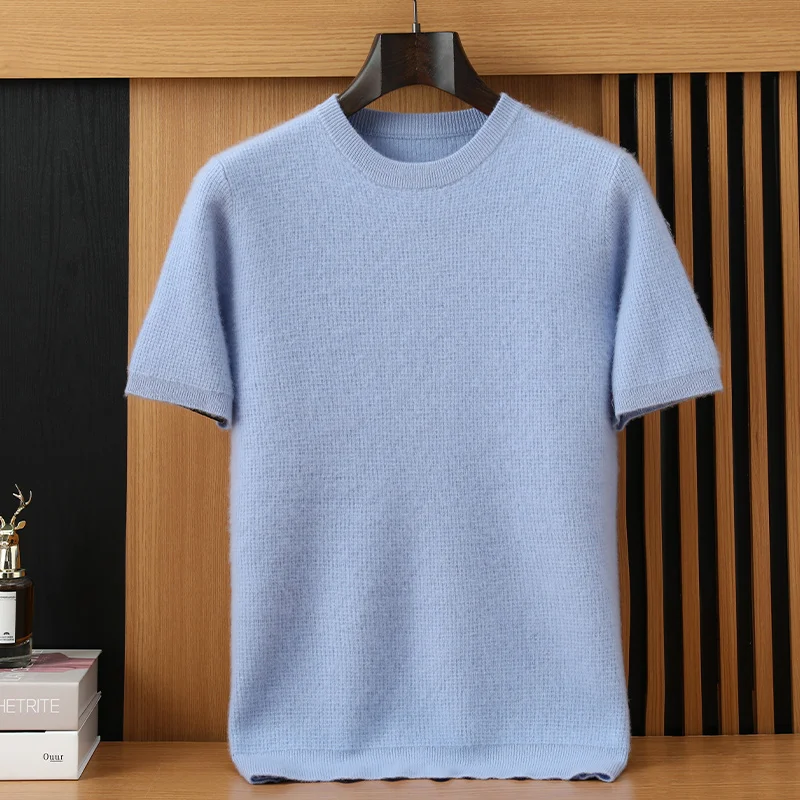 Men's 100% Cashmere Round Neck Short Sleeve Waffle Knit T-Shirt Casual Loose Pullover Spring Summer New Solid Color Men's Tops
Men's 100% Cashmere Round Neck Short Sleeve Waffle Knit T-Shirt Casual Loose Pullover Spring Summer New Solid Color Men's Tops