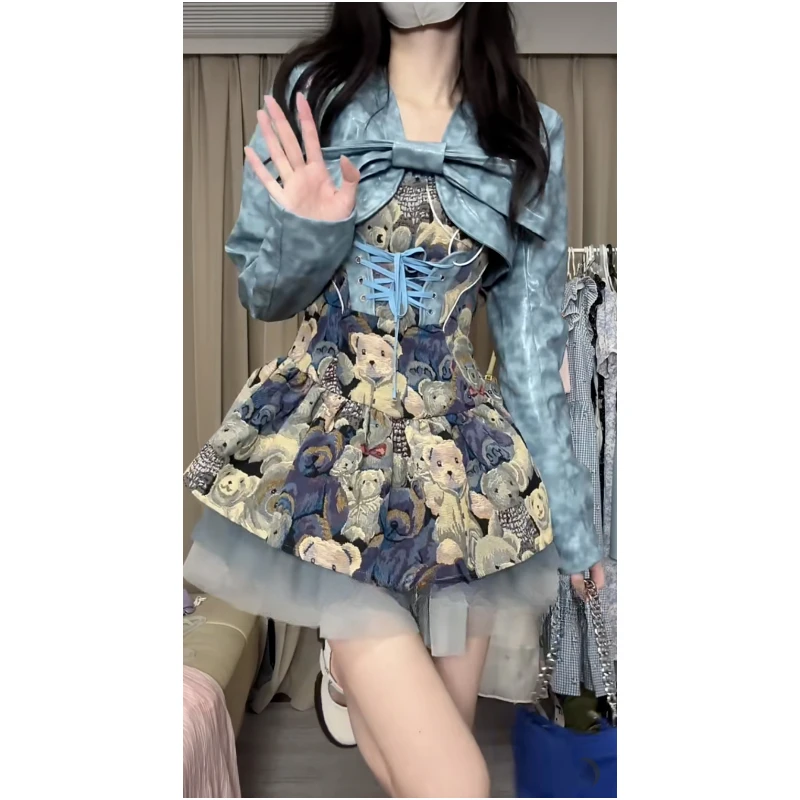 French Fairy Sweet Blue Leather Bow Crop Jacket + Bear Print Slim Waist Dress Spring New Temperament 2 Pcs Sets Women Y2k Suits
French Fairy Sweet Blue Leather Bow Crop Jacket + Bear Print Slim Waist Dress Spring New Temperament 2 Pcs Sets Women Y2k Suits