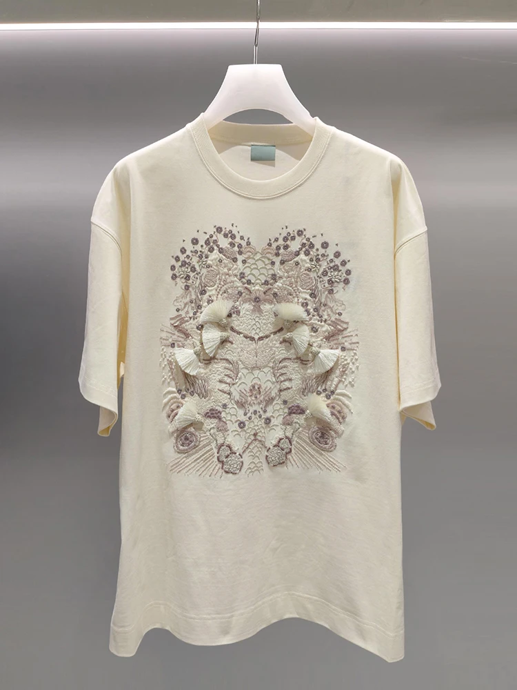 Elegant Women's Loose T-Shirt Summer Gentle Embroidery Floral Print Casual round Neck Short Sleeve Top by Nan You
Elegant Women's Loose T-Shirt Summer Gentle Embroidery Floral Print Casual round Neck Short Sleeve Top by Nan You