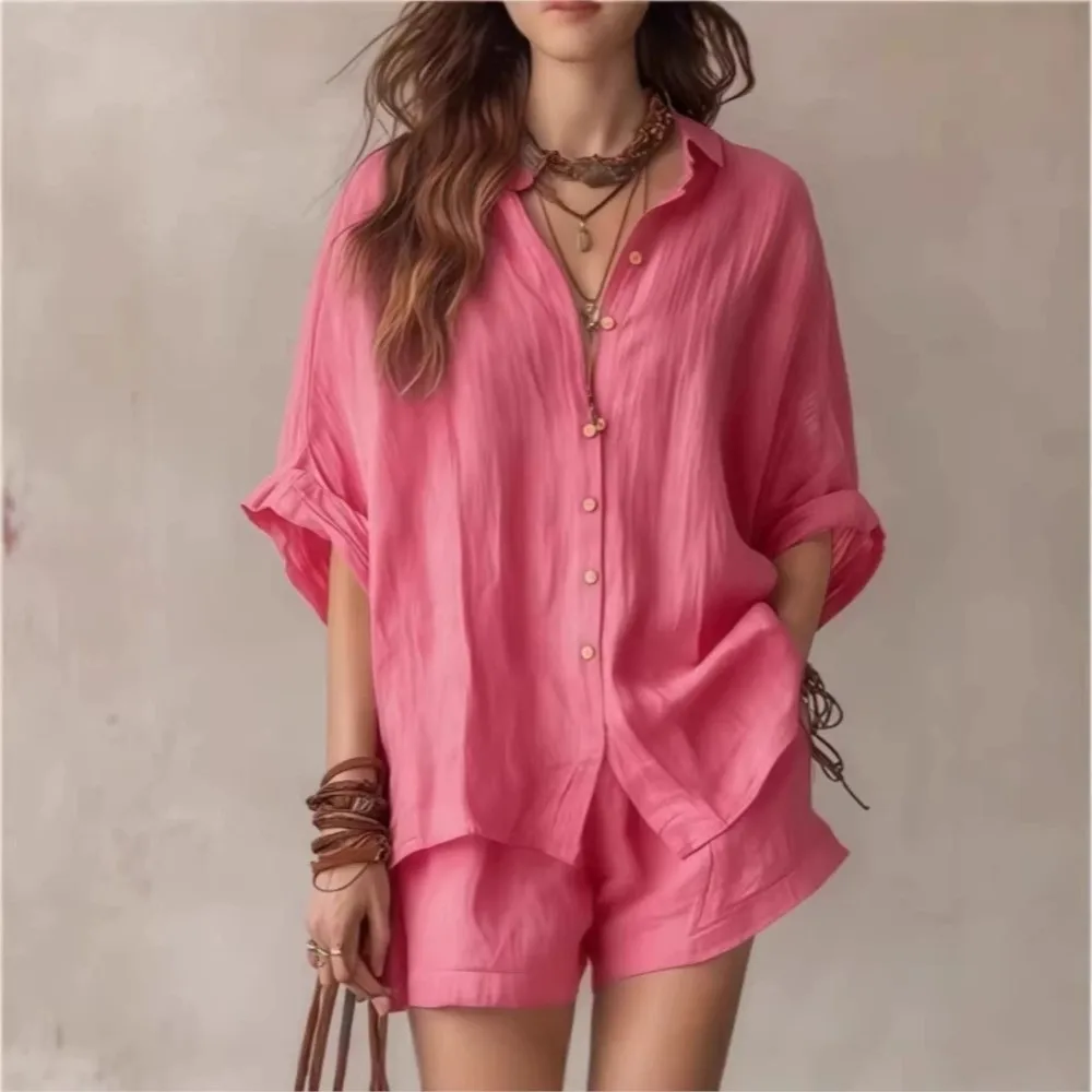 Single-breasted Shirt Three-quarter Shorts Summer New Women's Solid Color Loose Fashion Casual Shirt Shorts Suit Костюм Женский
Single-breasted Shirt Three-quarter Shorts Summer New Women's Solid Color Loose Fashion Casual Shirt Shorts Suit Костюм Женский