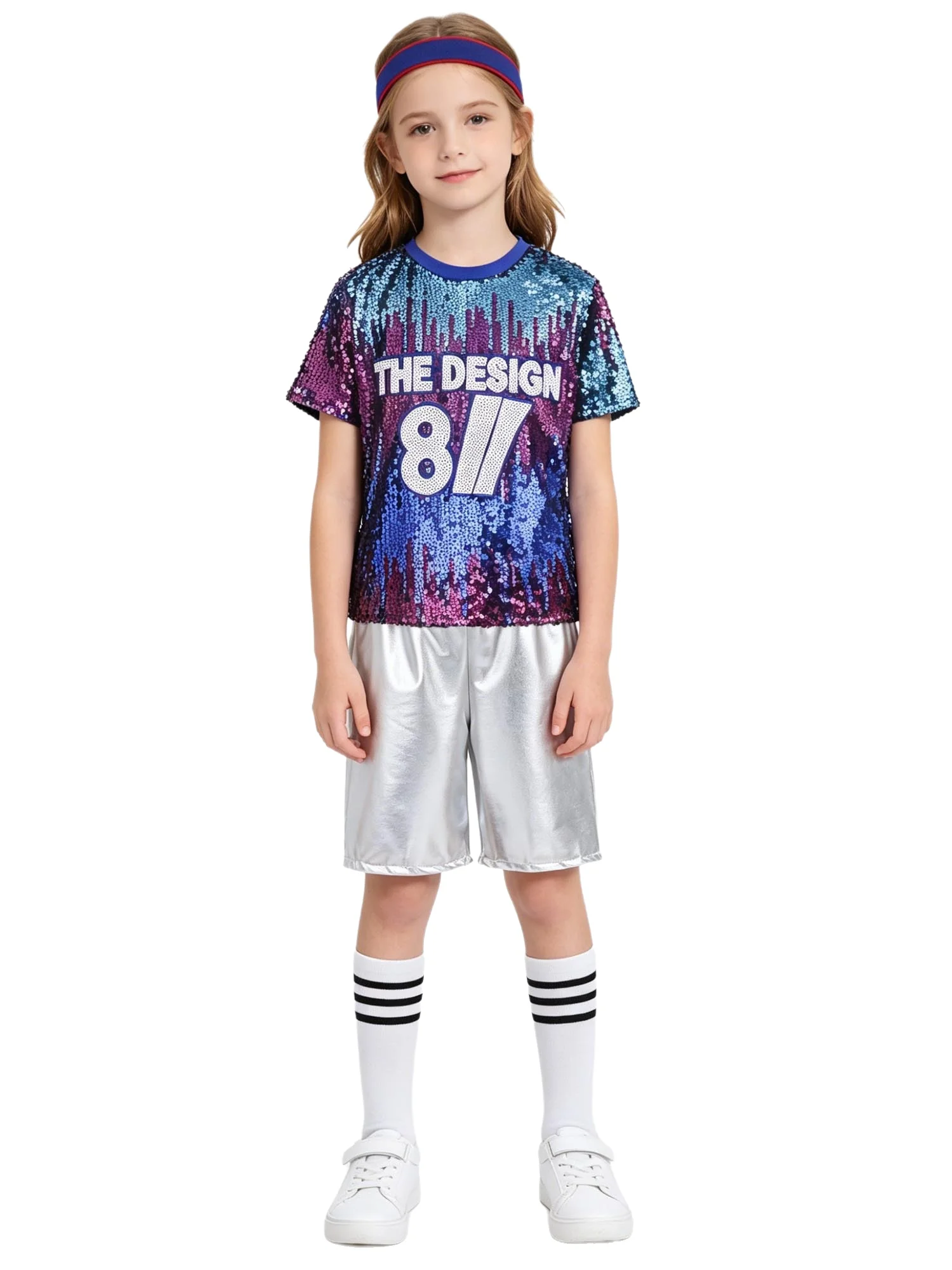 Kids Cheer Leading Performance Outfit Short-sleeve T-shirt and Metallic Gloss Bottom Costumes Set for Stage Performance
Kids Cheer Leading Performance Outfit Short-sleeve T-shirt and Metallic Gloss Bottom Costumes Set for Stage Performance