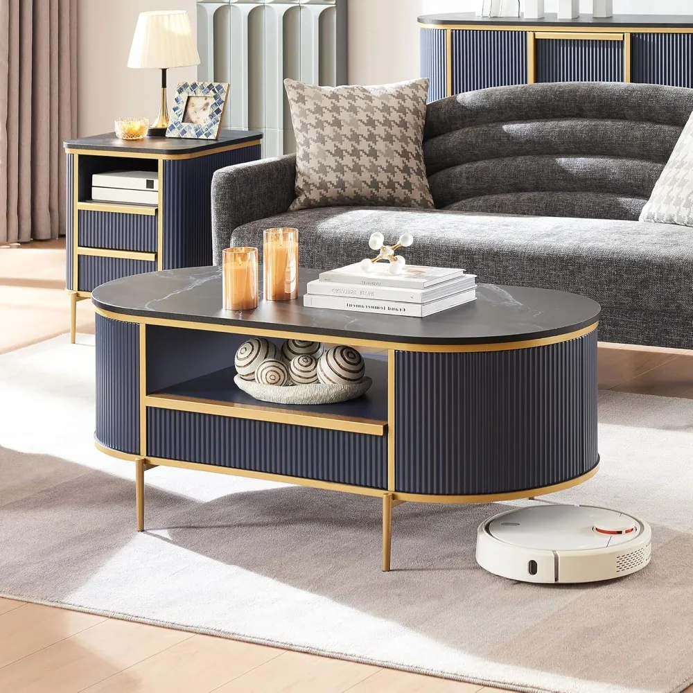 Modern Luxury Fluted Coffee Table, 48" Oval Coffee Table with Drawer, Faux Marble Top, Curved Profile Design, Gold Metal Decor
Modern Luxury Fluted Coffee Table, 48" Oval Coffee Table with Drawer, Faux Marble Top, Curved Profile Design, Gold Metal Decor