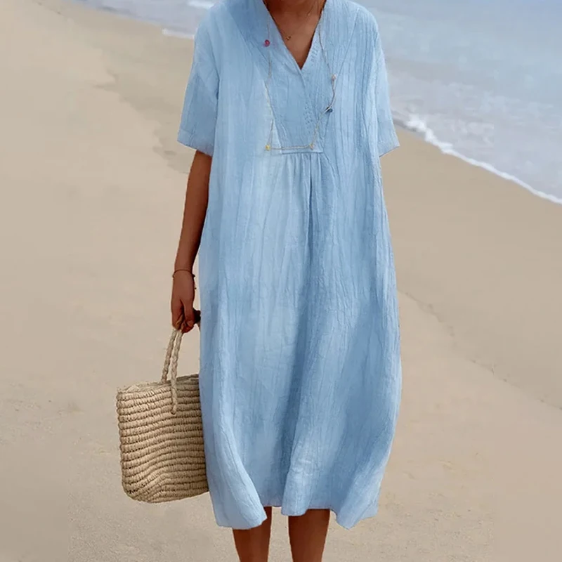 Women V-neck Cotton Linen Long Dress Summer Short Sleeve Casual Dresses Female Trendy Loose Vacation Beach Dresses
Women V-neck Cotton Linen Long Dress Summer Short Sleeve Casual Dresses Female Trendy Loose Vacation Beach Dresses