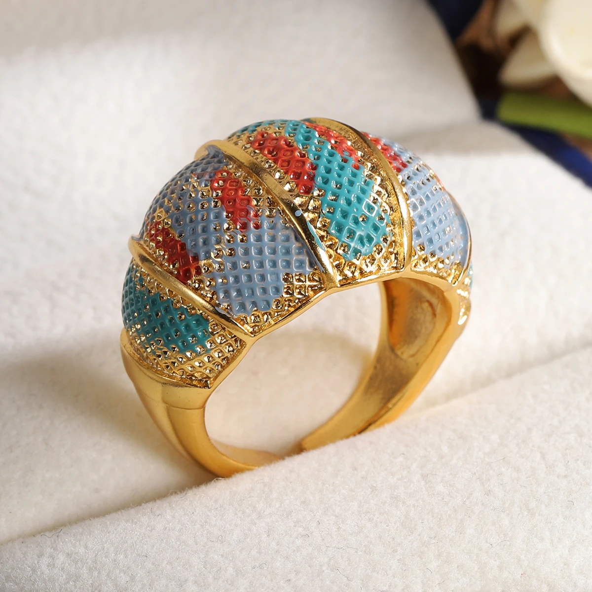 Boho Colorful Enamel Ring for Women, Fixed Size Gold Plated Textured Pattern Band, Unique Statement Jewelry
Boho Colorful Enamel Ring for Women, Fixed Size Gold Plated Textured Pattern Band, Unique Statement Jewelry