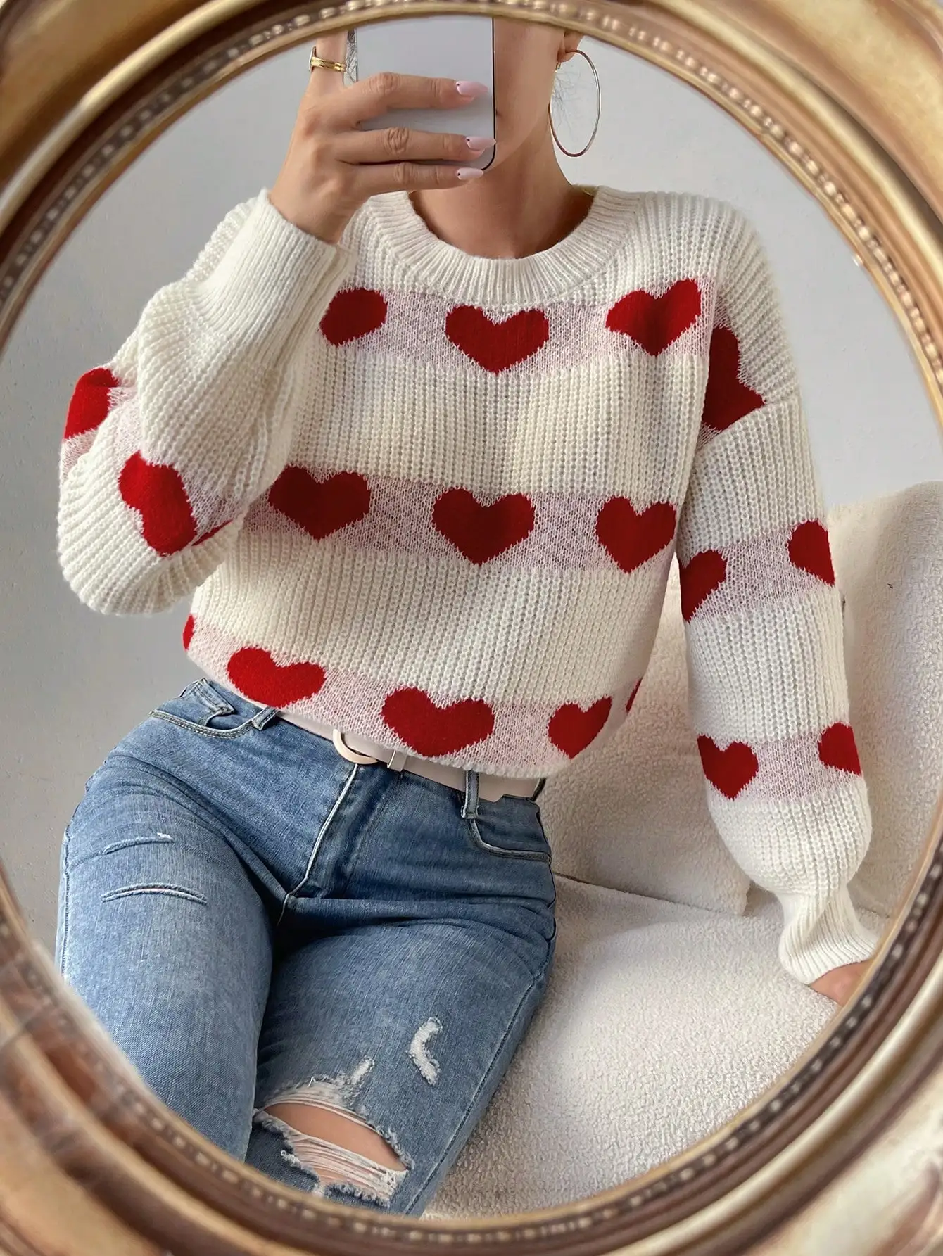 Red Heart Pattern Drop Shoulder Knit Sweater, Long Sleeve Pullover for Fall Winter Casual Wear
Red Heart Pattern Drop Shoulder Knit Sweater, Long Sleeve Pullover for Fall Winter Casual Wear